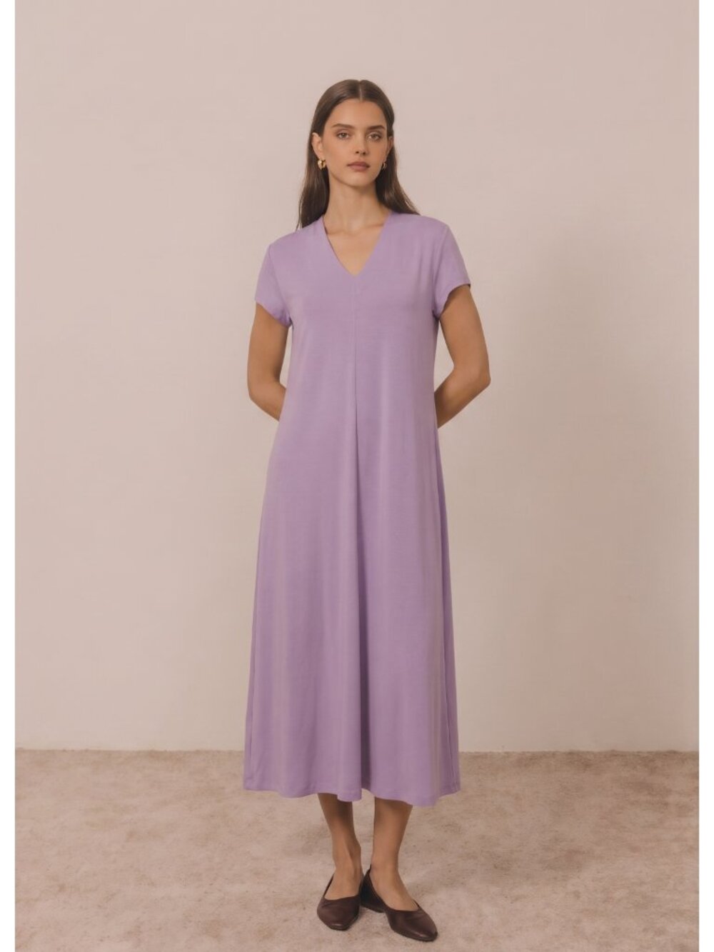 Eileen Fisher NWT V Neck Short Sleeve Midi Dress Lavender Purple Lilac Jersey L
